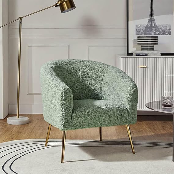 Modern Boucle Fabric Accent Chair for Living Room, Bedroom Restaurant| Arm Chair for Living Room with Golden Steel Legs (Green)