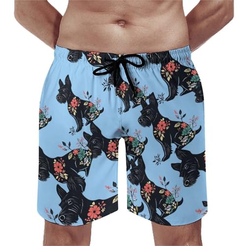 Scottish Terrier Floral Men's Swim Trunks Quick Dry Board Shorts Hawaiian Beach Shorts With Pocket