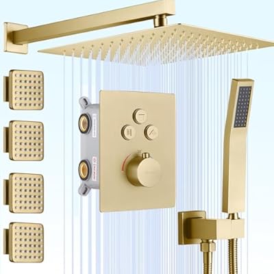 Oupukle 100°F Thermostatic Rain Shower System, 12 Inch Brushed Gold Wall Mount Faucet Set with Body Jets and Valve, All Functions Simultaneous Use
