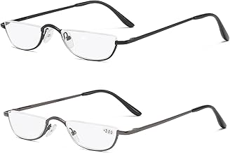 KoKoBin 2 Paires Lunettes de Vue Lecture Demi Lune ，Lunette Pour Lire Mince Demi-Monture en métal, Printemps Charnières Lunette Femme et Homme (noir, gris)+1.5
