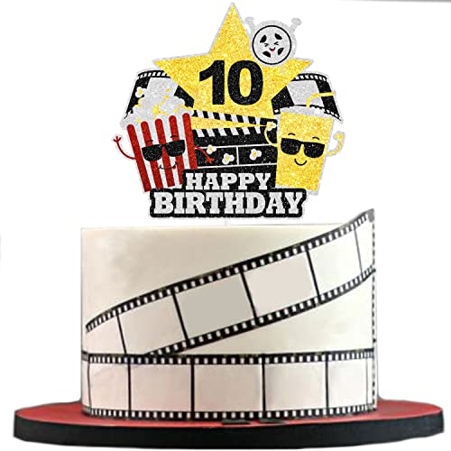 Movie Night Theme Happy 10Th Birthday Cake Topper - Perfect For Boys Or Girls Movie Night Party Or Movie Themed Birthday Party, Hollywood Party Popcorn Movie Projector Decoration -Sugargera #TOP16