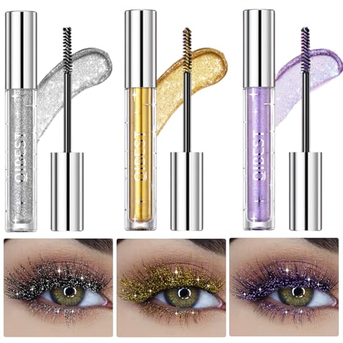 3 Farben Flüssig Glitzer Mascara Schimmernde Mascara Lidschatten Bunt Mascara Langlebige Volumizing Curling Verlängerung Mascara Wischfest Wasserfest Glitzer Wimperntusche für Party Hochzeit