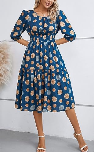 Image of Kormei Women Casual Boho Floral Round Neck 3 /4 Sleeve Smocked Waist Tiered A Line Flowy Swing Midi Dress Long Dresses L Blue Floral#3