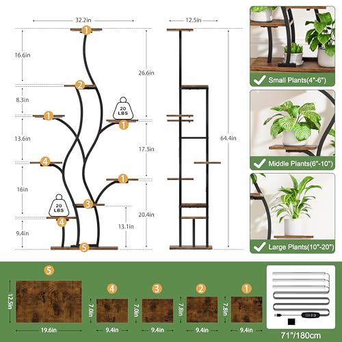 Image of Plant Stand Indoor with Grow Lights - Lighted Plant Shelf Indoor, 64.5 inch Tall Corner Plant Stands for Indoor Plants, 9 Tiered Tree-Shaped Flower Shelf Metal Holder for Living Room, Bedroom, Black