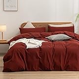 BESTOUCH Duvet Cover Set 100% Washed Cotton Linen Feel Super Soft Comfortable Chic Lightweight 3 PCs Home Bedding Set Solid Fired Brick Red Queen