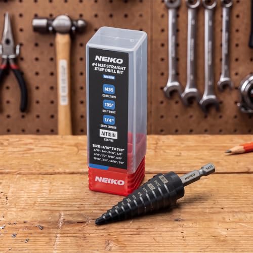 Image of NEIKO 10610B Step Drill Bit, 12 Steps 3 /16 inch to 7 /8 inch Straight M35 Cobalt, AlTiSiN Coated, 1 /4 inch Quick Change Step Bits for Steel, Metal, Wood, Plastic, Unibit Cone Drill Bits, Two Flute