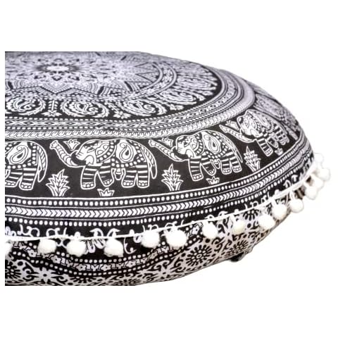 Round Mandala Floor Pillow Cover Seating Cushion Throw Cover Hippie Decorative Bohemian Ottoman Pouf Cover, Pom Pom Pillow Cases,Boho Indian 22 Inches (Black Elephant Flower) Cover