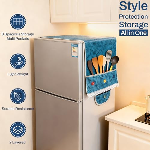 Image of BlueRed Premium Velvet Fridge Top Cover with 8 Storage Pockets & Zip Pouch | Waterproof Refrigerator Organizer Cover for Single & Double Door Fridge (Ocen Blue)