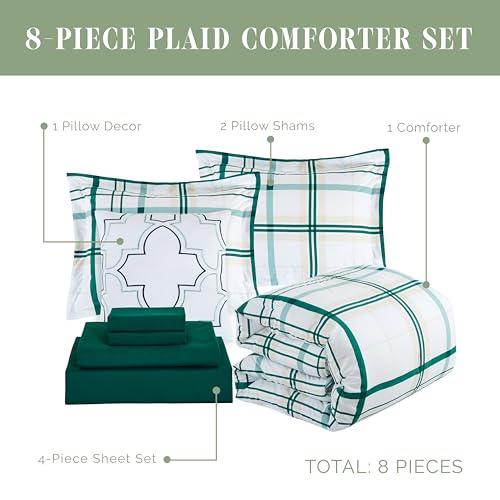 Image of Elegant Comfort 8-Piece Lodge Plaid Reversible Comforter Set-All Season Bed in a Bag, 4-Piece Sheet Set Featuring Smart Pockets,Matching Shams and Decorative Pillow,King /California King, Emerald Green