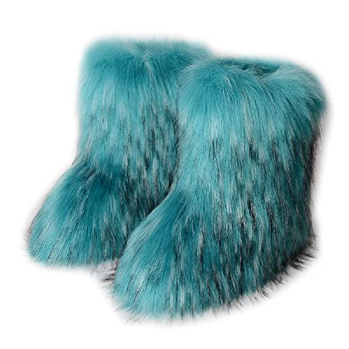 QINGCOMFACAI Women's Faux fur Boots Winter Mid-Calf Warm Snow Boots Fuzzy Fluffy Furry Comfy Short Boots Indoor Outdoor Flat Boots