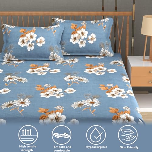 Image of FRESH FROM LOOM Floral Print King Size Bedsheet Set - Microfiber, 240 TC, Hypoallergenic, Includes 2 Pillow Covers (90 x 95 inch| Denim, Floral Design), Multicolor