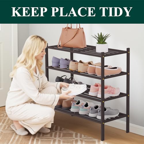 Image of Smiry Bamboo Shoe Rack, 5 Horizontal Slats, 4 Tier - 26.8 inch Wide, Brown