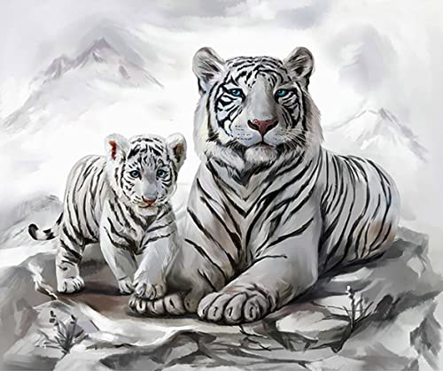Pracht Creatives Hobby Diamond Painting Set, Picture with White Tiger Mum with Cub and Accessories, Size Approx. 35 x 25 cm, Craft Set for Painting with Rhinestones for Children from 5 Years