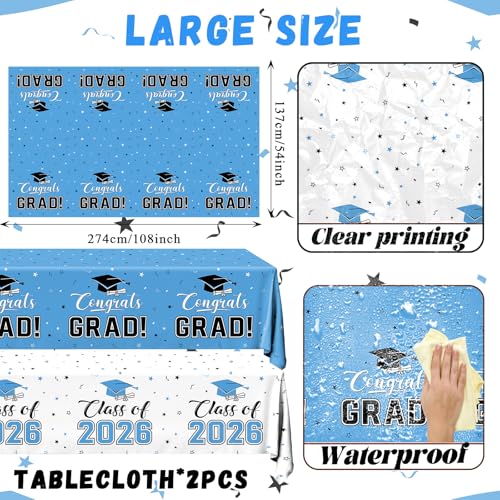 Image of 2026 Graduation Decorations,Congrats Grad Tablecloth 2pcs White Teal Class of 2026 Table Covers Rectangle for Graduation Party Supplies,108x54inch (Sky Blue)