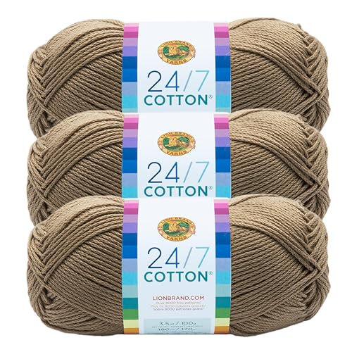 Image of Lion Brand 24 /7 Cotton Yarn, Yarn for Knitting, Crocheting, and Crafts, Taupe, 3 Pack | Light Worsted 100% Mercerized Cotton Yarn for Crochet, Knitting, Craft, 185 Yards of Natural Fiber for Tees, Bags, Dishcloths