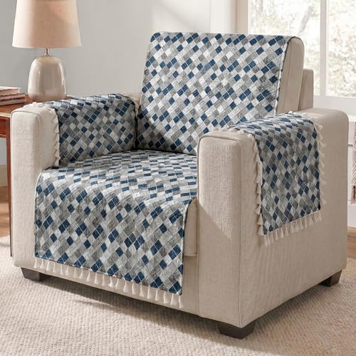 Image of Story@Home Premium Velvet Sofa Cover with Tassels for 1 Seater |Full Protection for Sofa Seat, Back & Arms | Anti Slip Sofa Cover Mat with 2 Armrest Cover, 1 Seater (152 x 61 CM) - Grey & Cyan