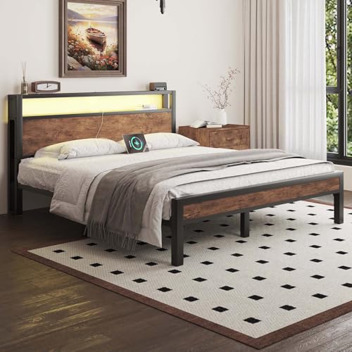 Image of LOEWAY Queen Size Bed Frame with Storage Headboard, Industrial Platform Bed with Charging Station and LED Lights, Heavy Duty Metal Slats, No Box Spring Need, Noise Free, Rustic Brown