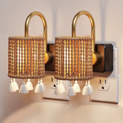 Image of L LOHAS LED Night Lights Plug into Wall, 2 Pack Boho Fabric Cylinder Night Light with Tassel, Dusk to Dawn Sensor, 0-100LM Dimmable Night Lights, Vintage Nightlight for Bedroom, Living Room, Hallway