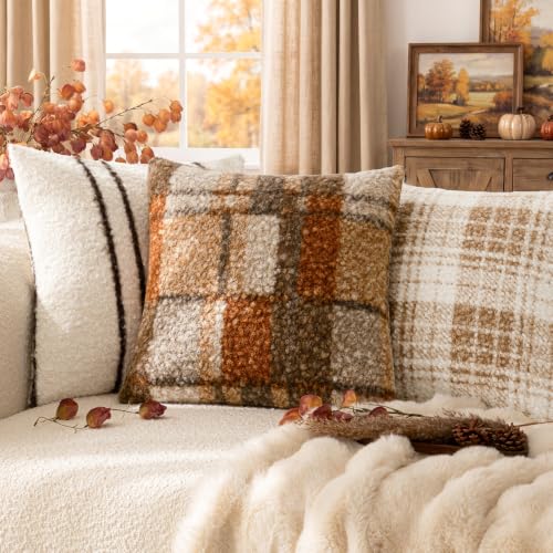 Image of Foindtower Pack of 2 Soft Faux Fur Boucle Throw Decorative Pillow Covers Fuzzy Accent Check Cushion Sherpa Boho Farmhouse Pillowcase for Couch Sofa Bed Living Room Home Decor 18x18 Inch,Autumnal