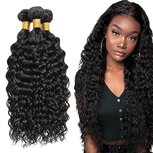 NiegMeag 18 20 22 24 Inch Water Wave Bundles Brazilian Human Hair 4 8A 100percent Unprocessed Virgin Extensions for Women 100g/bundles Wet and Wavy Curly Natural Black Color Bundle