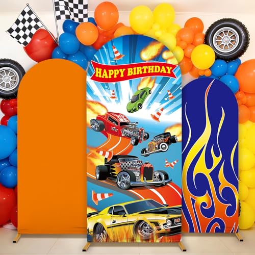 3 Pcs Racing Theme Arch Backdrop Cover 4Ft 5Ft 6Ft Fire Wheel Round Top Backdrop Race Car Birthday Party Decoration Double-Sided Spandex Arch Stand Covers for Photo Booth Racer Birthday Party Supplies