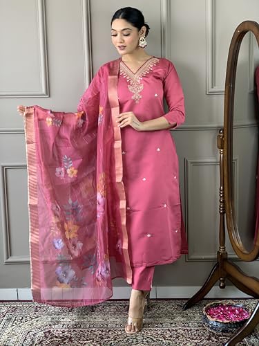 Image of Naixa Women's Viscose Silk Embroidered Straight Kurta with Pant and Dupatta Sets (S-Payal)