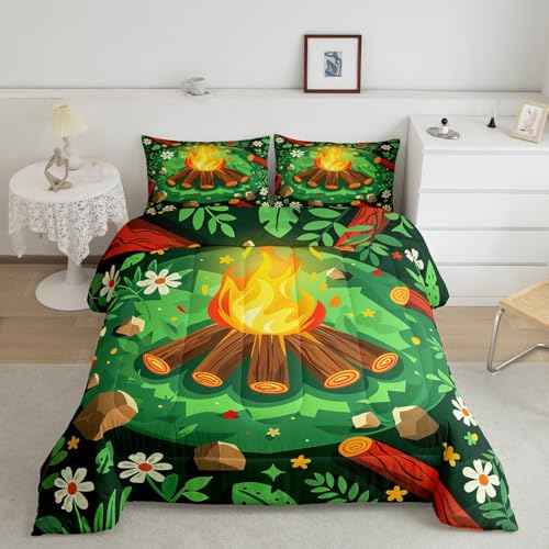 Homemissing Juego de edredón de fogata para niños y niñas, edredón de tocones de árbol, tamaño individual, juego de ropa de cama con temática de bosque bosque, decoración de habitación, juego de
