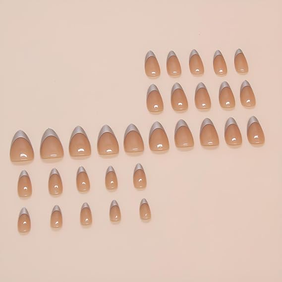 Press On Nails Silvery Medium Almond Fake Nails, Fashion French Tip Acrylic Full Cover False Nails Set, Natural Perfectly Reusable Stick On Nails Suitable for Women Girls