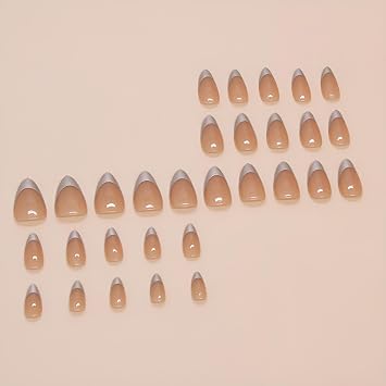 Press On Nails Silvery Medium Almond Fake Nails, Fashion French Tip Acrylic Full Cover False Nails Set, Natural Perfectly Reusable Stick On Nails Suitable for Women Girls