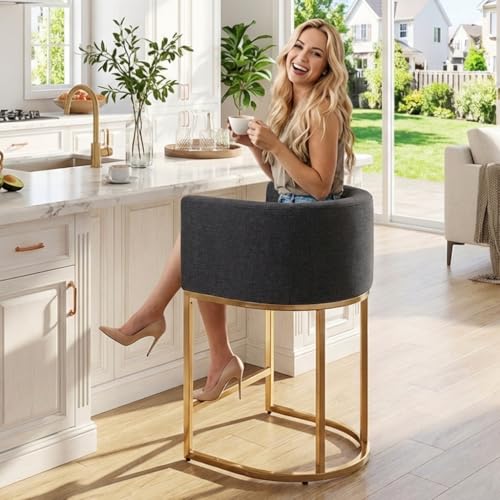Image of HNY Charcoal Modern Barrel Counter Height Bar Stool, 24 Inch Linen Kitchen Barstool with Back for Island, with Gold Metal Tubular Frame