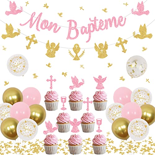 Décorations Mon Baptême Décorations Première Communion Or Rose Mon Baptême Bannière Ange Croix Pigeon Graal Bunting Garland Cupcake Toppers pour Garçons Filles Netural Baptême Baby Shower Décorations