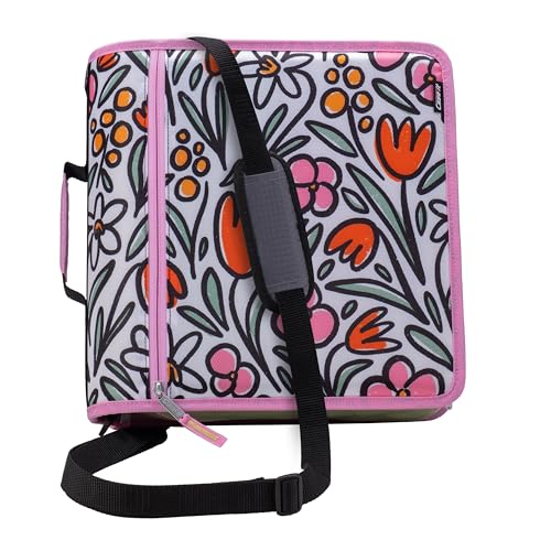 Case-it Mighty Zip Tab School Zipper Binder | 3-Inch O-Rings, 600-Sheet Capacity, 5-Subject Expanding File Folder, Multiple Pockets & Storage Organizer, Shoulder Strap | D-146 Fun Flowers
