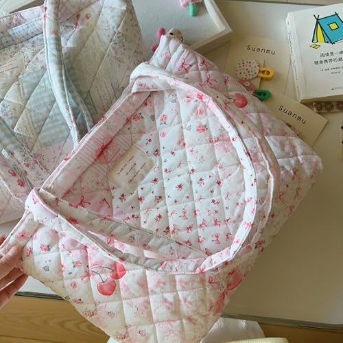Image of Floral Quilted Cotton Shoulder Bag for Women Daily Use Medium Size Handbag Large Capacity Thickened Design Tote