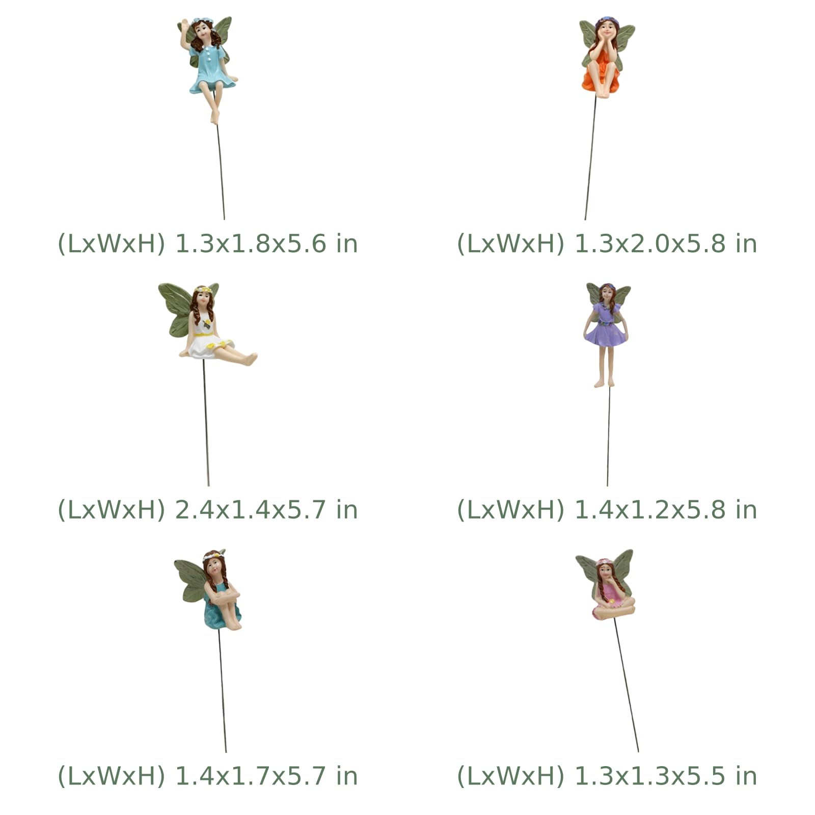 6 STK. Miniatur-Feenfiguren, Feengarten-Zubehör mit Metallpfosten, handbemalte Harzfiguren für Außen und Innen, 5,5-5,8 Zoll, Mehrfarbig, für Blumentöpfe, Hof, Terrasse, Balkon, Schreibtisch