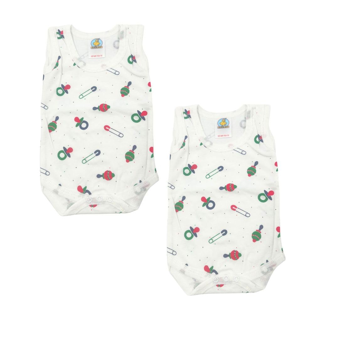 Junior Joy – 2 Pack Baby White Printed Bodysuits for Newborn 0–3 Months, Round Neck, Short Sleeves, 100% Cotton, Popper Fastening for Easy Nappy Changes
