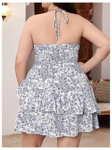 Image of Floerns Women's Plus Size Ditsy Floral Print Halter Neck Summer Cami Mini Dress Blue and White 1XL