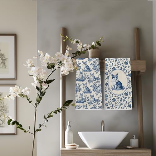 Image of Blue Chinoiserie Welsh Corgi Kitchen Towels, Corgi Lover Gifts Dish Tea Towels for Kitchen, Vintage French Toile Dog Decorative Hand Towel for Bathroom, Dog Lover Gifts, 16x24 Inch Set of 2