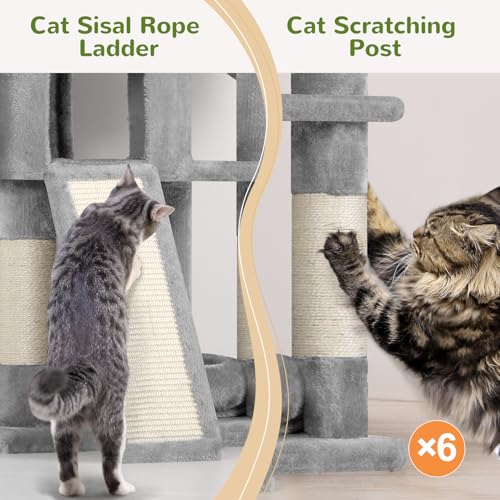 Image of Globlazer Heavy Duty Cat Trees for Large Cats, Sturdy 72in Maine Coon Cat Tree for Large Cats 20 lbs+ Heavy Duty Cat Tower for Adult Biggest Cat with 6 Scratching Posts, Hammock, S72, Light Grey
