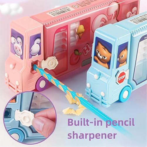 Image of School Bus Pencil Case, Cartoon Pen Box with Sharpener, Large Capacity Stationery Organizer, Best Birthday Gifts for Kids Teens School Supplies(Blue)