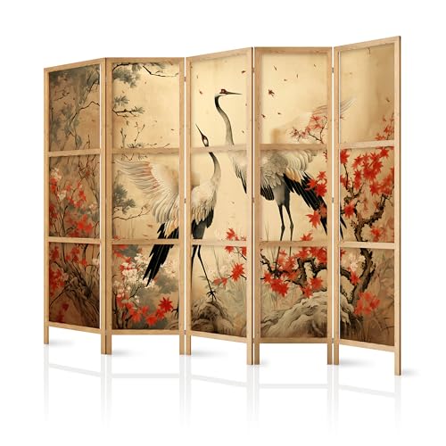 murando - Paravent Intérieur Japonais 225x172 cm - Séparateur de Pièce - Fleurs Écailles Végétation Oiseaux Asiatiques Jaunes Grues De Style Luxuriant...