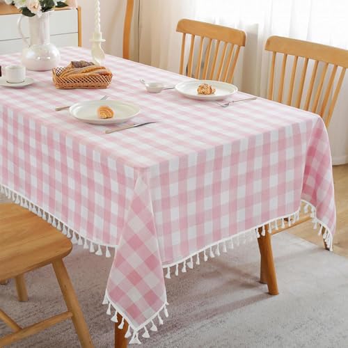 JIALE Gingham Tablecloth Rectangle Cotton Linen Fabric Checkered Table Cloth with Tassel Washable Wrinkle Free Buffalo Plaid Table Cover for Valentines Day Spring Picnic Kitchen Dining, Pink, 55x90