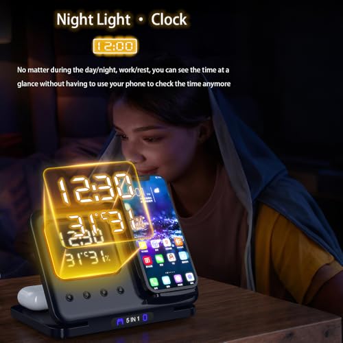 Image of AYI 5in1 Multi Functional Wireless Charging Station with Digital Clock 15W Fast Charge Night Light Temperature Humidity Monitor Wireless Charger for All Qi Phone TWS Headphone and Apple Watch-Black