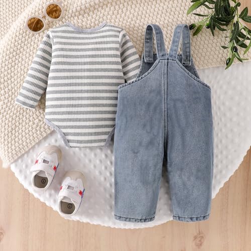 Baby Boy Clothes Newborn Suspender Overalls Ripped Jeans Long Sleeve Striped Romper Fall Winter Outfits 0-18 Months3