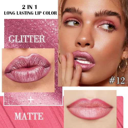 Image of evpct Warm Pink Metallic Glitter Lip Liner and Lipstick Combo Lip Gloss Stain Set Makeup for Women Long Lasting Waterproof 24, Baby Pink Metallic Shimmer Frosted Iridescent Glossy Liquid Lipstick 12