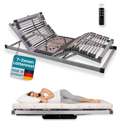 ErgoPlus elektrischer Lattenrost - Top Ergonomie - Made in Germany - 7 Zonen - Härteregulierung - orthopädisch - fertig montiert - Kopf- & Fußteil verstellbar mit Motor - Funkfernbedienung (80x200)