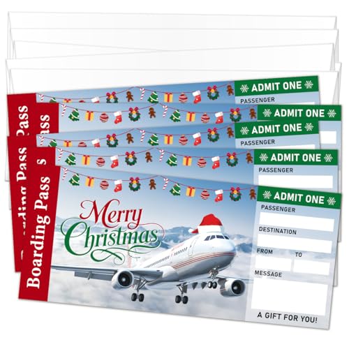 Set of 5 Christmas Boarding Pass Gift Ticket, Surprise Trip Reveal Ideas, Unique Christmas Cards for Travel Lovers Family Friends Husband Wife, 3.5 x 8 Inches Fake Plane Tickets -08/5