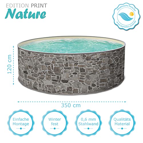 Paradies Pool Print Nature 23 Komplettset 4 rund, 350x120cm (Ø x H), Stahlwandpool graue Steinoptik, Poolfolie in Sand 0… – Bild 4