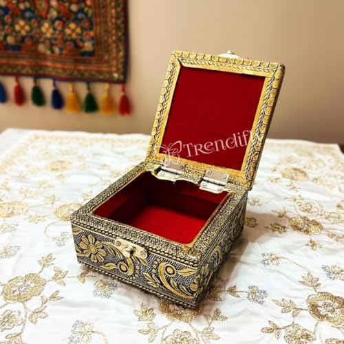 Image of Trendifly Wooden Oxidised Jewellery Organiser Storage Box Small For Women | Wood Jewel Necklace Earrings Ring Multipurpose Storage Organizer Box | Wedding Anniversary Pooja Return Gift Favors