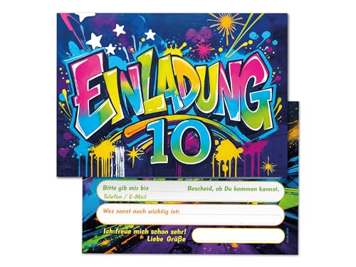 Junaversum 12 Einladungskarten zum 10. Kindergeburtstag Graffiti Mädchen Junge Kinder coole bunte Einladungen zehnte Geburtstag Geburtstagseinladungen Kids