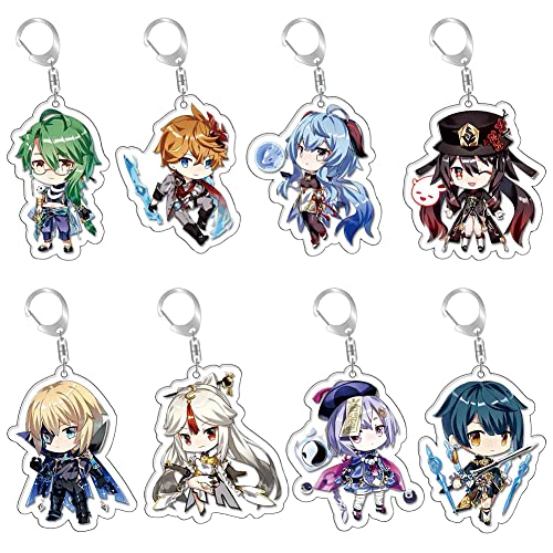 Hilloly Genshin Impact Schlüsselanhänger, 8Pcs Genshin Impact Schlüsselanhänger Anime Cartoon-Schlüsselbund aus Acryl für Kinder Mini Dämonentöter Figuren Set Cover